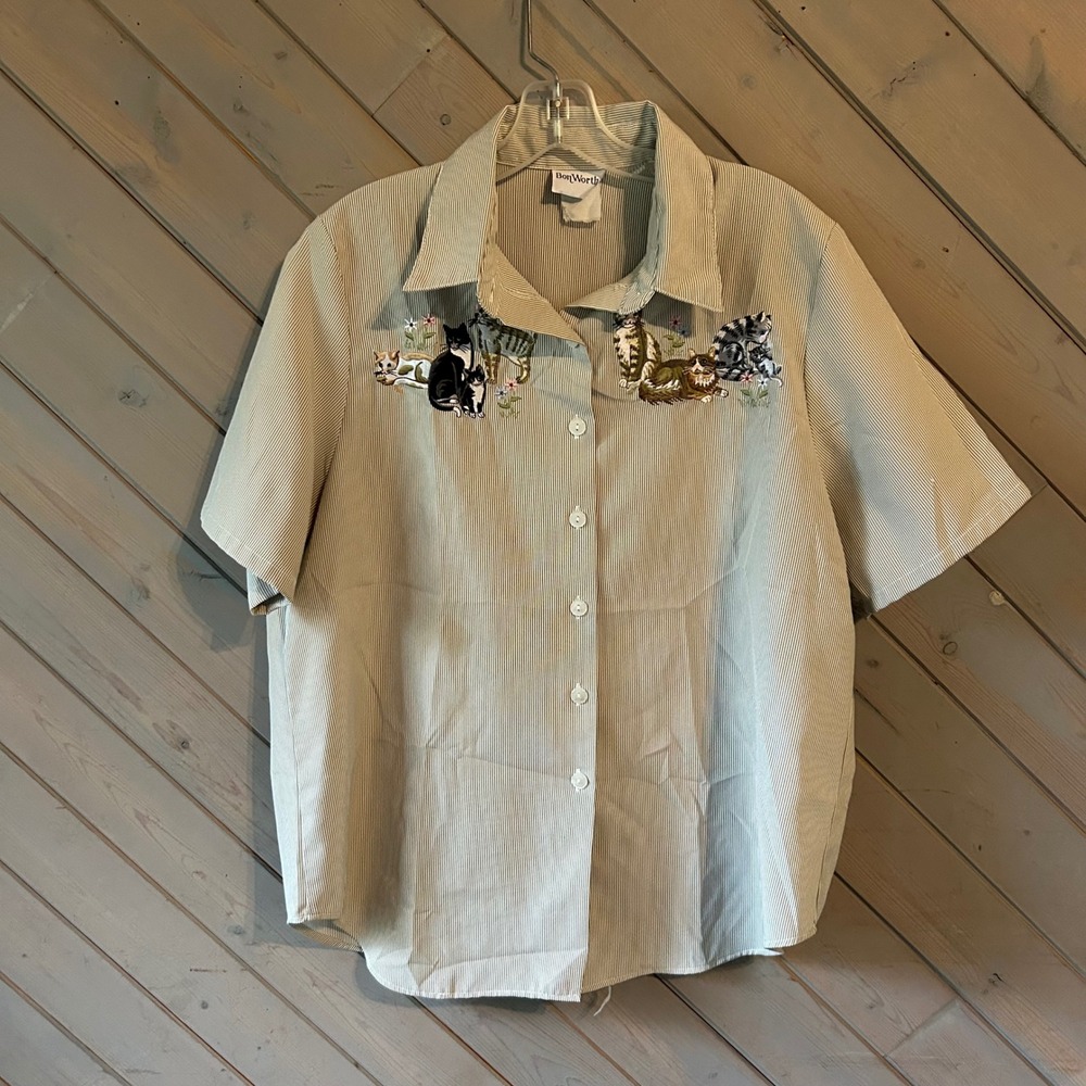 BonWorth Vintage Cat Embroidered Striped Button Up Shirt Womens XL